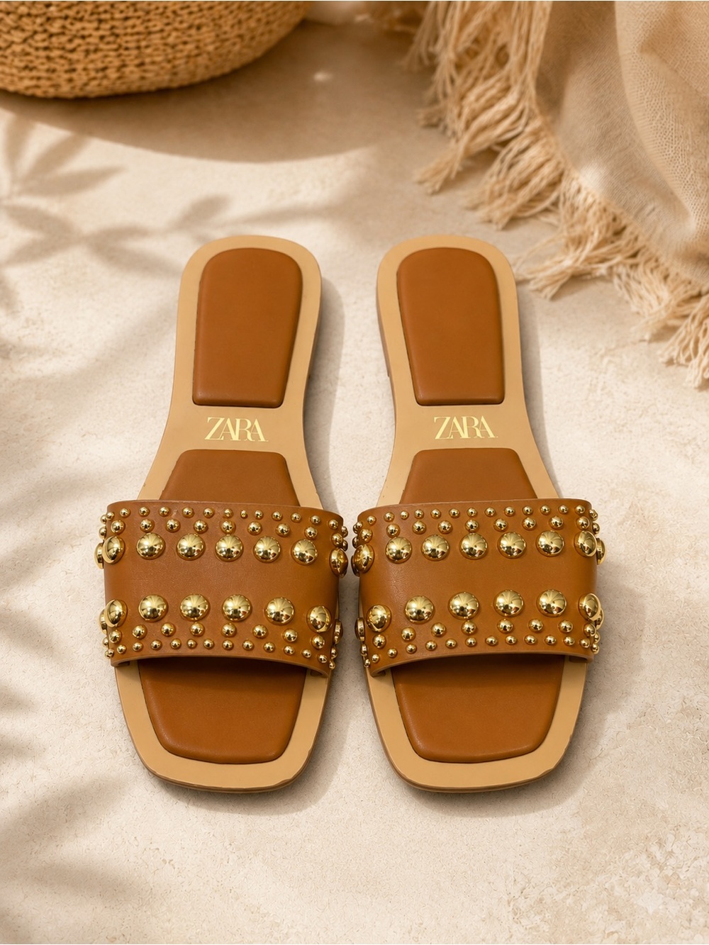 NWOT Zara Gold Stud Accented Slip-On Cognac Brown Leather Slide Sandals Size 9